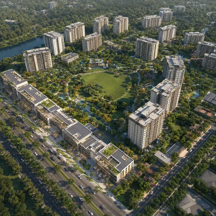 SOBHA Hennur–Bagalur — Aerial view of the 40-acre campus and central green