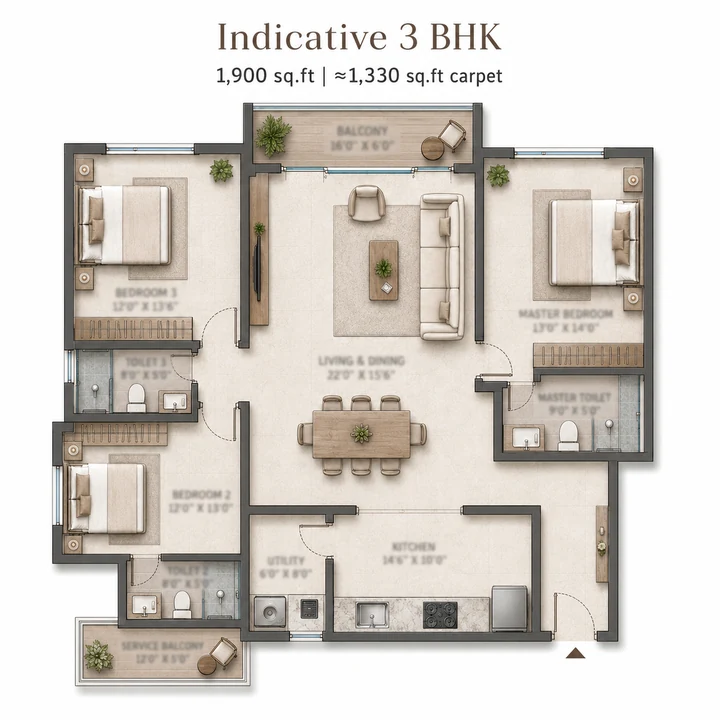 SOBHA Hennur–Bagalur — Indicative 3 BHK — 1,900 sq.ft floor plan